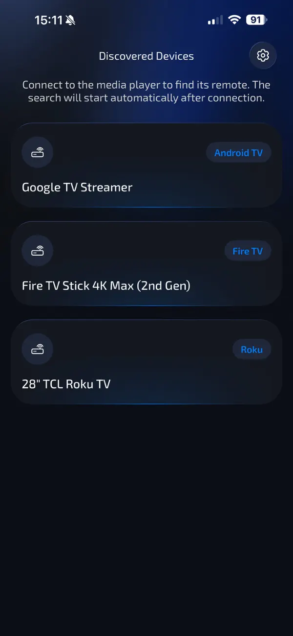 Find TV Remote discovered devices screen