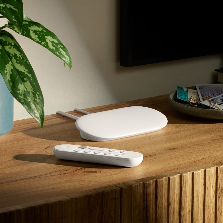 White Google TV Streamer 4K with Voice Remote